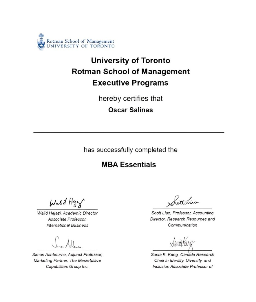 MBA Essentials Program Certificate