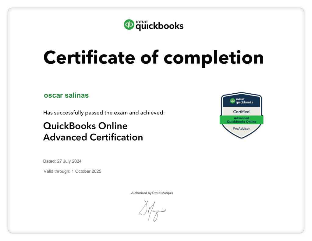 QuickBooks Advanced completion Certificate