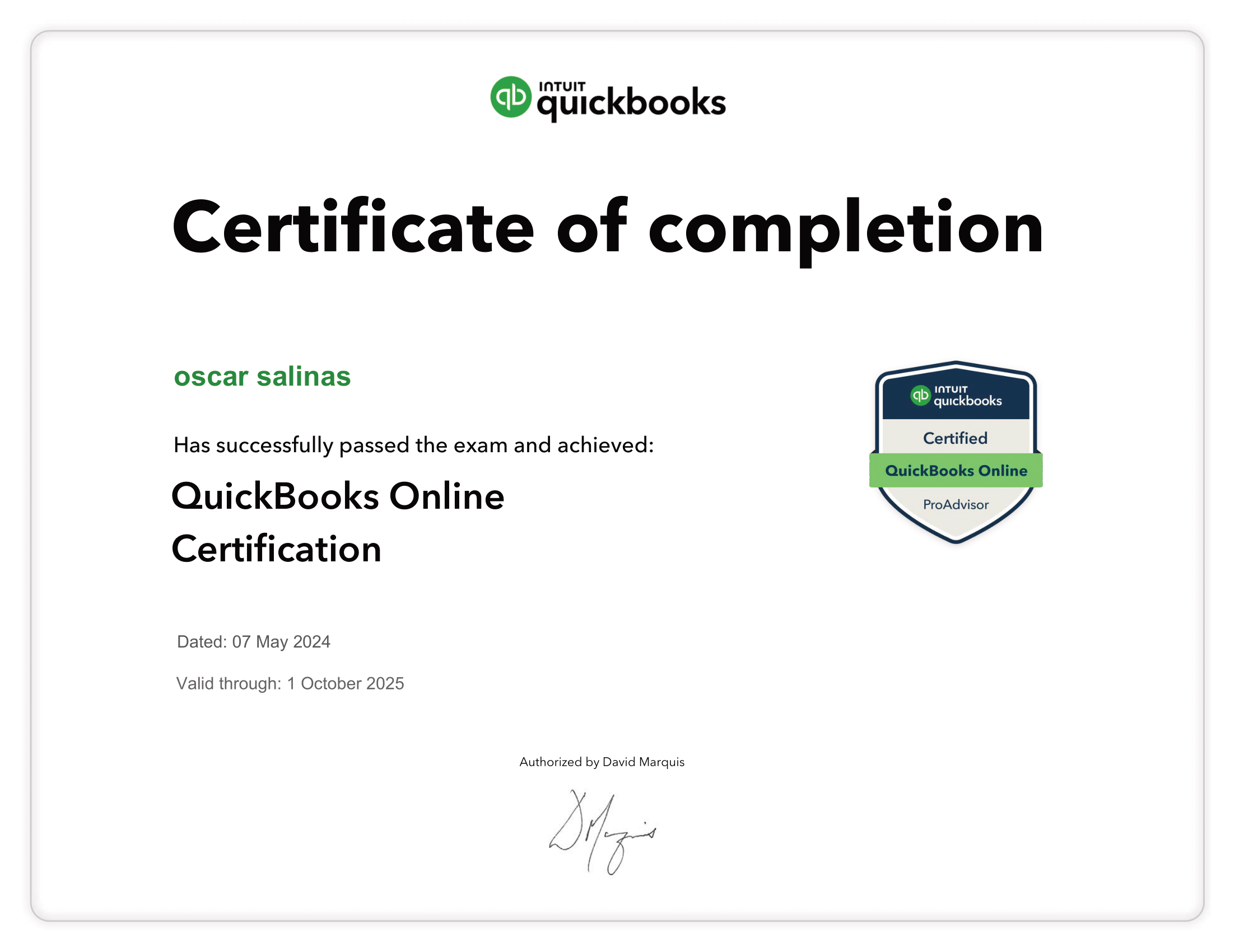 QuickBooks Completion Certificate